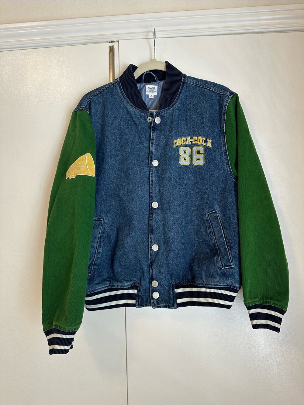 Coca Cola Denim Varsity Jacket in Blue and Green